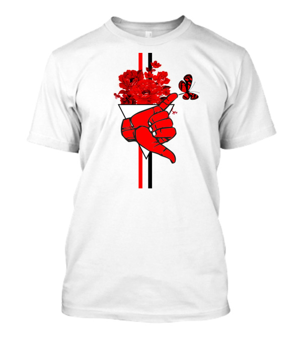 Shaka Exquisite Hand Gesture With Red Butterfly And Flowers T-Shirt