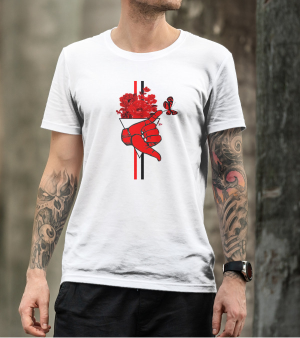 Shaka Exquisite Hand Gesture With Red Butterfly And Flowers T-Shirt