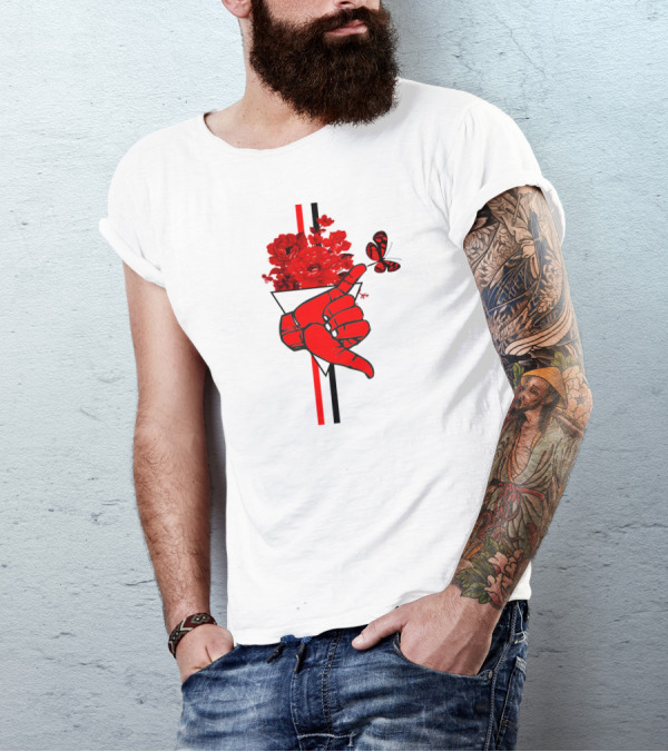 Shaka Exquisite Hand Gesture With Red Butterfly And Flowers T-Shirt