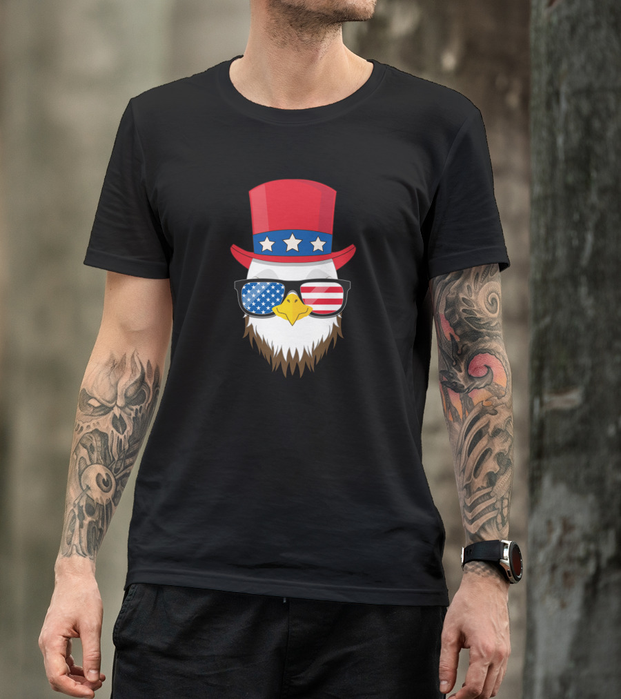 Eagle With American Flag Sunglasses And Patriotic Top Hat For 4th Of July Independence T-Shirt