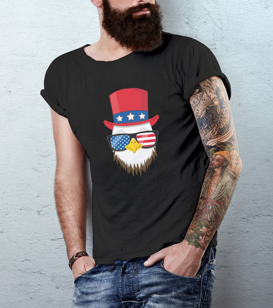 Eagle With American Flag Sunglasses And Patriotic Top Hat For 4th Of July Independence T-Shirt