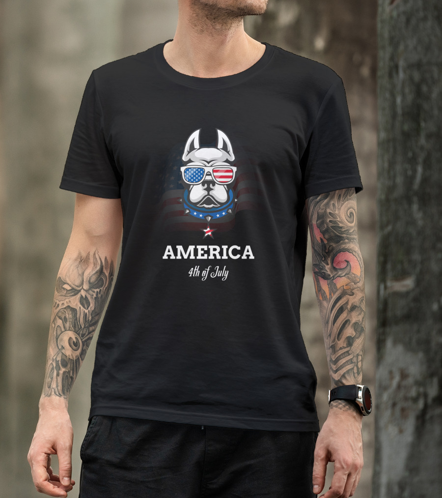 America Bulldog With Flag Sunglasses 4th Of July T-Shirt