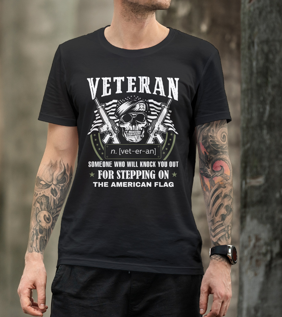 Veteran Skull With Guns And American Flag Protecting Patriotism Definition T-Shirt